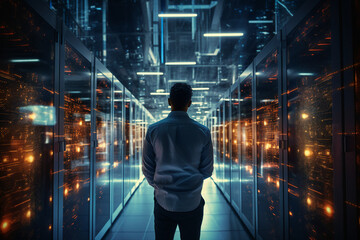 Generative ai collage image photo of professional it specialist analyzing data warehouse room