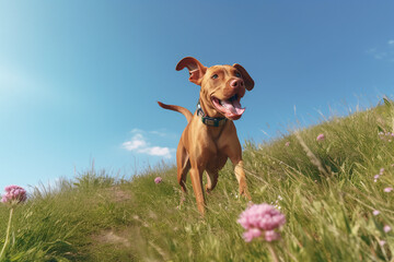 Portrait of happy dog running in field green high grass animal have fun generative ai illustration collage summertime outdoors background