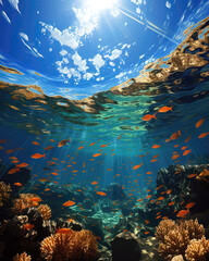Underwater scene with coral reef, fishes and rays of sun