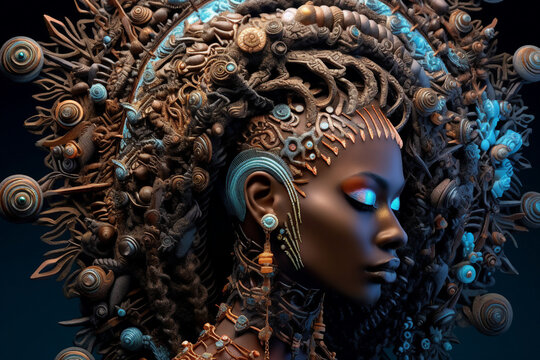 Generative Ai collage picture of mysterious body art hair shield jewelry african woman isolated on black background