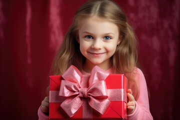Fototapeta na wymiar A happy little girl holding a bright red gift box with anticipation