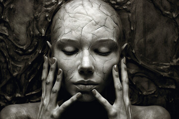 Artwork magazine imagination picture of dry skin bald lady touch face black and white filter made...