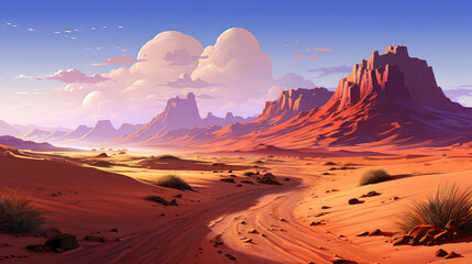 Naklejka premium Desert landscape with rocks and plants in the foreground, 3d illustration