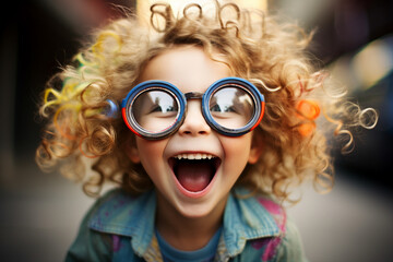Photography of a cheerful positive adorable child wearing big stylish eyeglasses created by generative AI