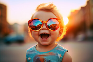 Photography of a cheerful positive adorable child in stylish colorful glasses walking in the evening city created by generative AI