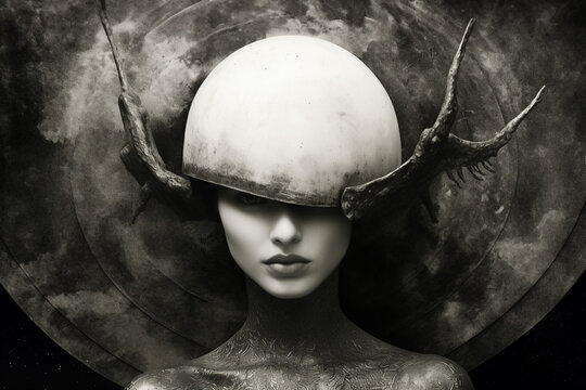 Artwork magazine imagination picture of mystery lady wear helmet black and white filter made with generative ai visual effect