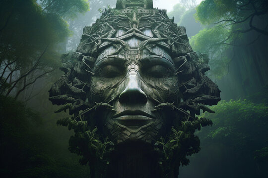 Photo template inspiration image of scary head statue standing mystery rainforest created generative ai modern technology