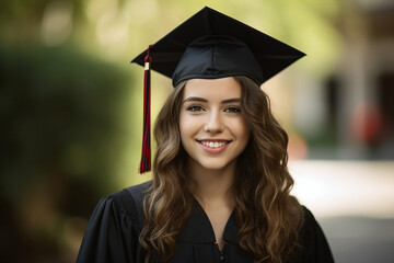 Generative AI picture of a charming beautiful happy girl graduating student celebrating university graduation