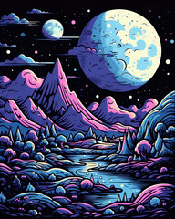 Night landscape with mountains, river and moon