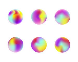 Circle holographic gradients set, spherical buttons. Violet neon hologram fluid color circle gradients, blurred spheres, flat set web icons.