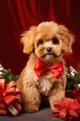 A stylish small brown dog wearing a charming red bow tie