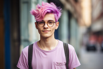 Photo portrait made by generative AI of non binary person with bright pink hair gay lgbt parade