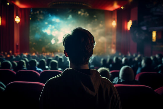 Generative AI technology illustration young student person watching cinema premiere movie have fun
