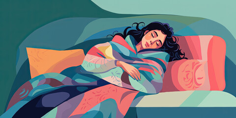 Young woman napping on the couch wrapped in blanket