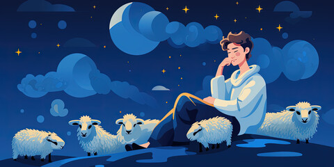 Man sitting on a hill with sheep, dreamscape portraiture, dark blue