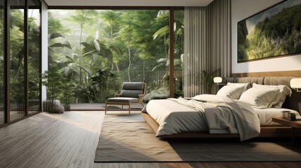 Fototapeta premium Interior of cozy minimalist bedroom in luxury villa or hotel. Decorative wall, wooden floor, comfortable bed, terrace, floor-to-ceiling windows with garden view. Ecostyle home design. 3D rendering.