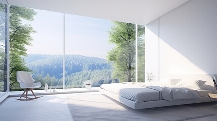 Interior of white minimalist scandi bedroom in luxury cottage or hotel. Large comfortable bed, armchair, floor-to-ceiling windows overlooking scenic landscape. Eco design. Mockup, 3D rendering.
