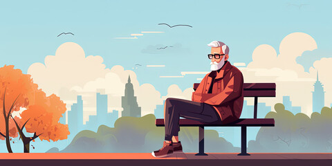 Senior man with a beard sitting on a bench in a city park, minimalist cityscape