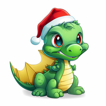 Cute cartoon green dragon in Santa hat