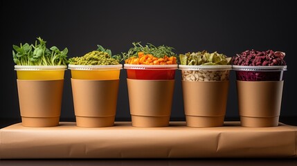 paper containers for takeaway food. Delivery man delivers goods to customers