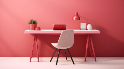 Stylish minimalist monochrome interior of modern office room in pastel carmine red and pink tones. Large desktop, computer, office tools, table lamp, chair. Creative design. Mockup, 3D rendering.