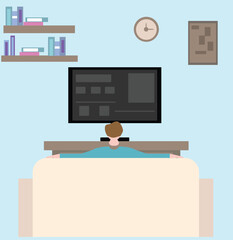 Young Man watches TV while sitting in a sofa.View your favourite television show or movie. Vector illustration.