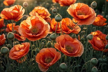 field of red poppies at sunset