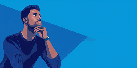 Man holding his chin and thinking on a blue background