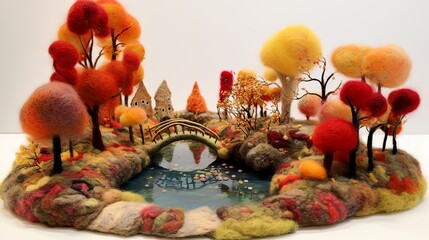 Artistic small autumn landscape made out of felted wool in orange and fall colors. Tiny park, cute buildings. Your inner child will enjoy those beautiful art creations for a seasonal celebration.