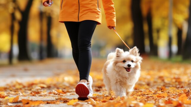 dog and woman walking at  park in autumn, .