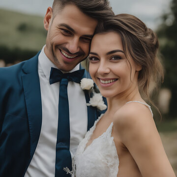 Retrato de una pareja de reci&eacute;n casados sonriendo 