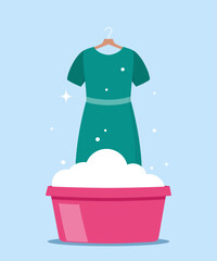 Washing clothes in basin of soapy water. Clean and wash. Stain removal. Flat vector illustration. - obrazy, fototapety, plakaty