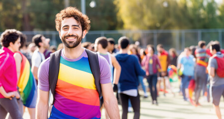 An ally enthusiastically participates in a gay pride parade, showing strong support for the LGBTQ+ community. Ideal for themes of allyship, inclusivity, and social activism.