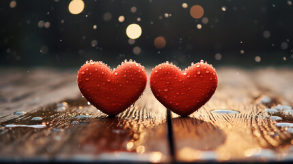 Fototapeta premium two red hearts with water drops on a wooden surface in the rain, generated by AI