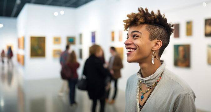 A mixed-ethnicity woman with short hair, wearing interesting clothing, explores a museum. She identifies as part of the LGBTQ+ community. Ideal for themes of cultural appreciation, diversity.