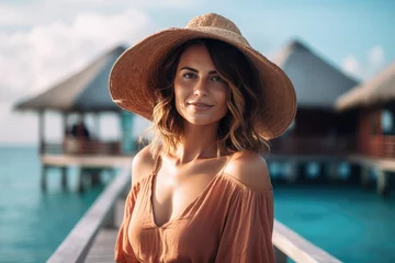Crédence de cuisine en verre imprimé Bali Young woman with sun hat on a wooden bridge with sea view in the background. Inspiring tropical landscape