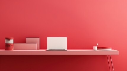 Fragment of stylish minimalist monochrome interior of modern office room in pastel carmine red and pink tones. Large desktop, laptop, office tools. Creative design. Mockup, 3D rendering.