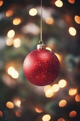 A festive red ornament hanging from a beautifully decorated Christmas tree