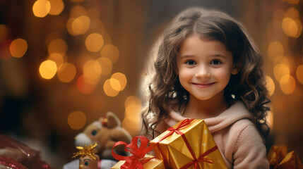 Fototapeta na wymiar ittle smiling girl with a gift on a background of beautiful bokeh, generated by AI