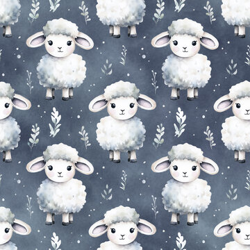 Seamless pattern with cute cartoon sheeps on dark blue background. Watercolor illustration. Can be used for nursery room, textile, wallpaper, packaging, clothing.