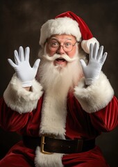 A man dressed as Santa Claus raising his hands in celebration