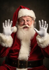 A man dressed as Santa Claus with his hands raised in excitement
