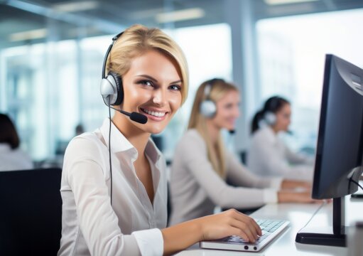 Smiling call center woman agent wearing headset in the office