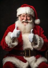 A man dressed as Santa Claus giving a thumbs up with a joyful expression