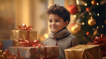 Fototapeta na wymiar a happy little boy sits among many presents on the background of a Christmas tree, created by AI
