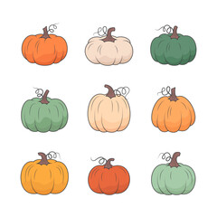 Colorful pumpkins set fall design. Vector line illustration on white background