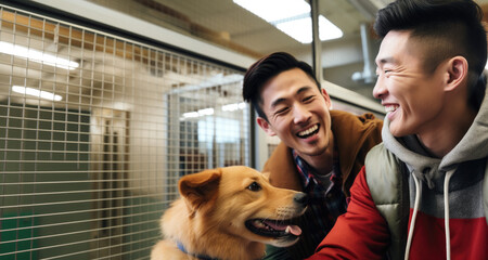 Two gay Asian men laugh and share a loving moment while playing with their cute dog. Ideal for themes of LGBTQ+ relationships, family bonding, and joyful living.