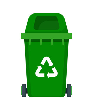 Big green recycle garbage can with recycling symbol on it. Trash bin in cartoon style. Recycling trash can. Vector illustration.