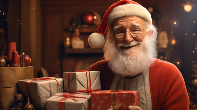 a real Santa in glasses among a bunch of beautifully wrapped presents, generated by AI