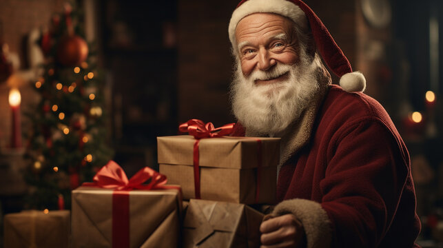 a real Santa among a pile of beautifully wrapped presents is genuinely smiling, generated by AI
